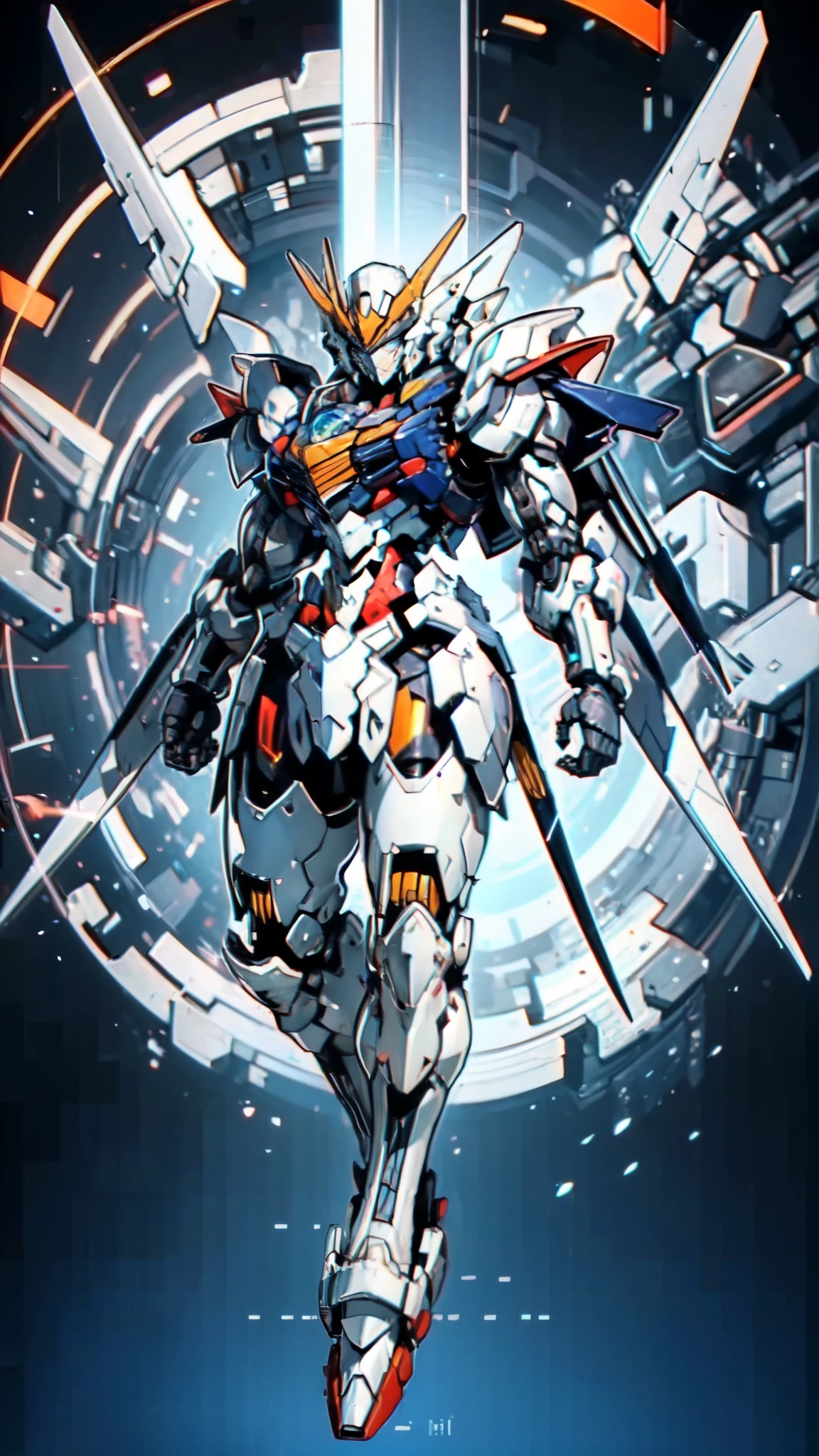 (masterpiece:1.5, best quality:1.5, extremely delicate:1.5), humanoid Mecha, fully enclosed shoulder guards, matching arm and leg guards, full body, full armor, the design balances heavy with agility, (the color scheme is primarily white with red and blue accents, the concept Inspired by Super robot, organic biotech armor, standing, floating high above the futuristic sci-fi city), exquisite and mature art style, (aura effect, energy, glowing eyes, the armor glows), ((SRS)), metallic, dramatic, high definition, highres, ultra-detailed, ultra-fine painting, professional, perfect body proportions, anatomically correct, symmetrical face, extremely detailed eyes and face, high quality eyes, creativity, RAW photo, UHD, 32k, Natural light, cinematic lighting, masterpiece-anatomy-perfect