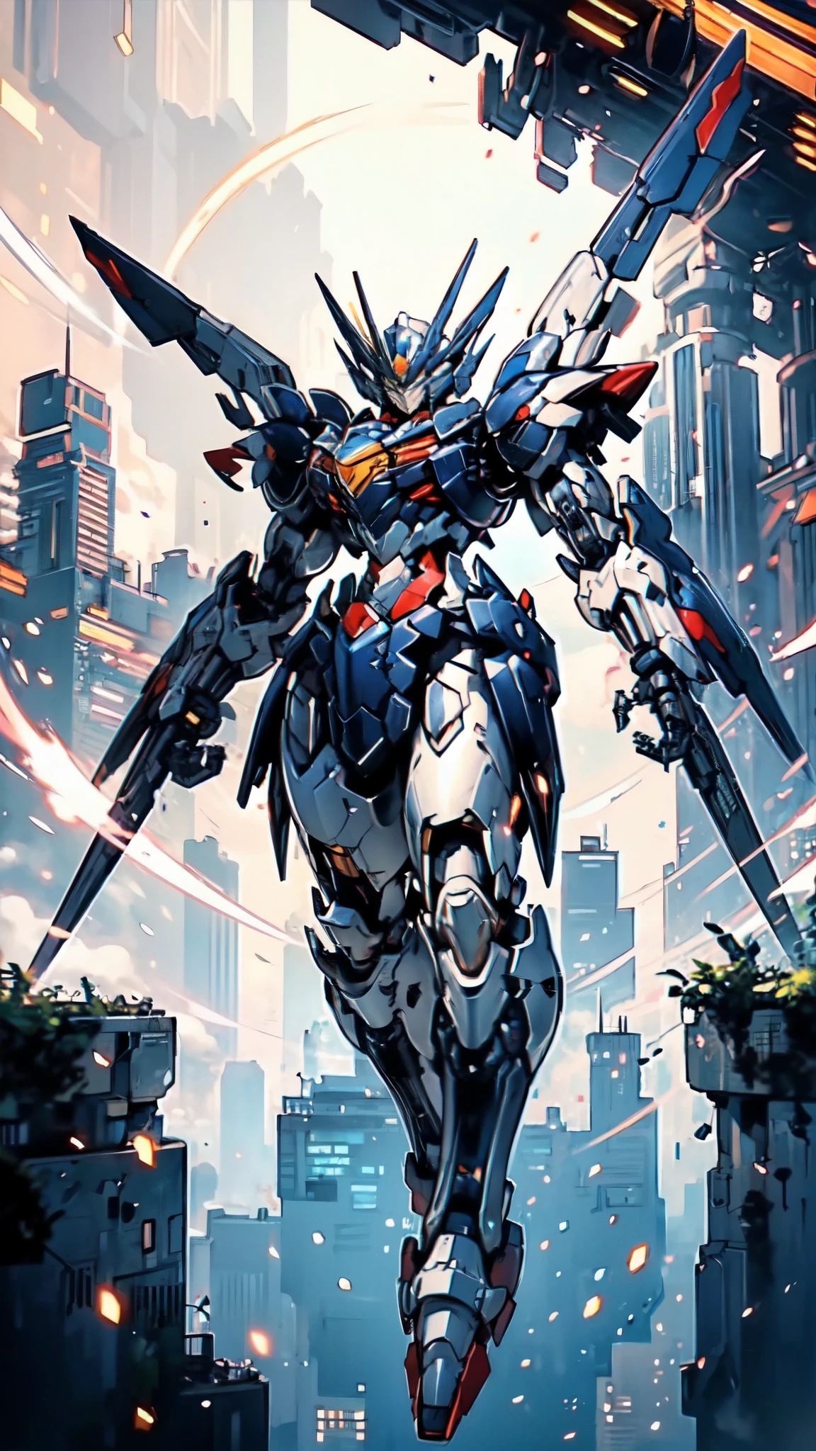 (masterpiece:1.5, best quality:1.5, extremely delicate:1.5), humanoid Mecha, fully enclosed shoulder guards, matching arm and leg guards, full body, full armor, the design balances heavy with agility, (the color scheme is primarily white with red and blue accents, the concept Inspired by Super robot, organic biotech armor, standing, floating high above the futuristic sci-fi city), exquisite and mature art style, (aura effect, energy, glowing eyes, the armor glows), ((SRS)), metallic, dramatic, high definition, highres, ultra-detailed, ultra-fine painting, professional, perfect body proportions, anatomically correct, symmetrical face, extremely detailed eyes and face, high quality eyes, creativity, RAW photo, UHD, 32k, Natural light, cinematic lighting, masterpiece-anatomy-perfect