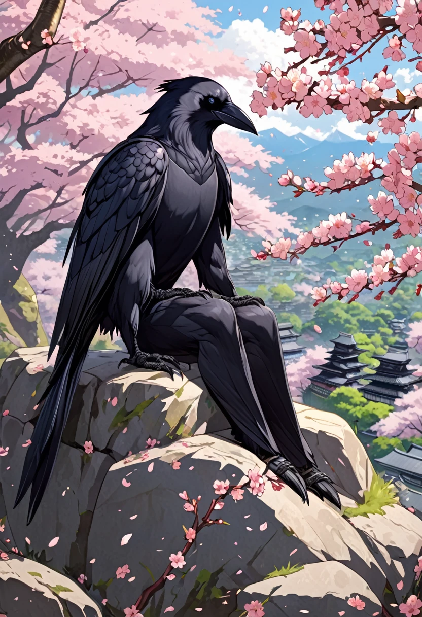 Male crow anthro, beautiful illustration, highly detailed, amazing art, stunning visuals, medieval Japan, sakura blossoms, sitting on a rock, strapping, abs