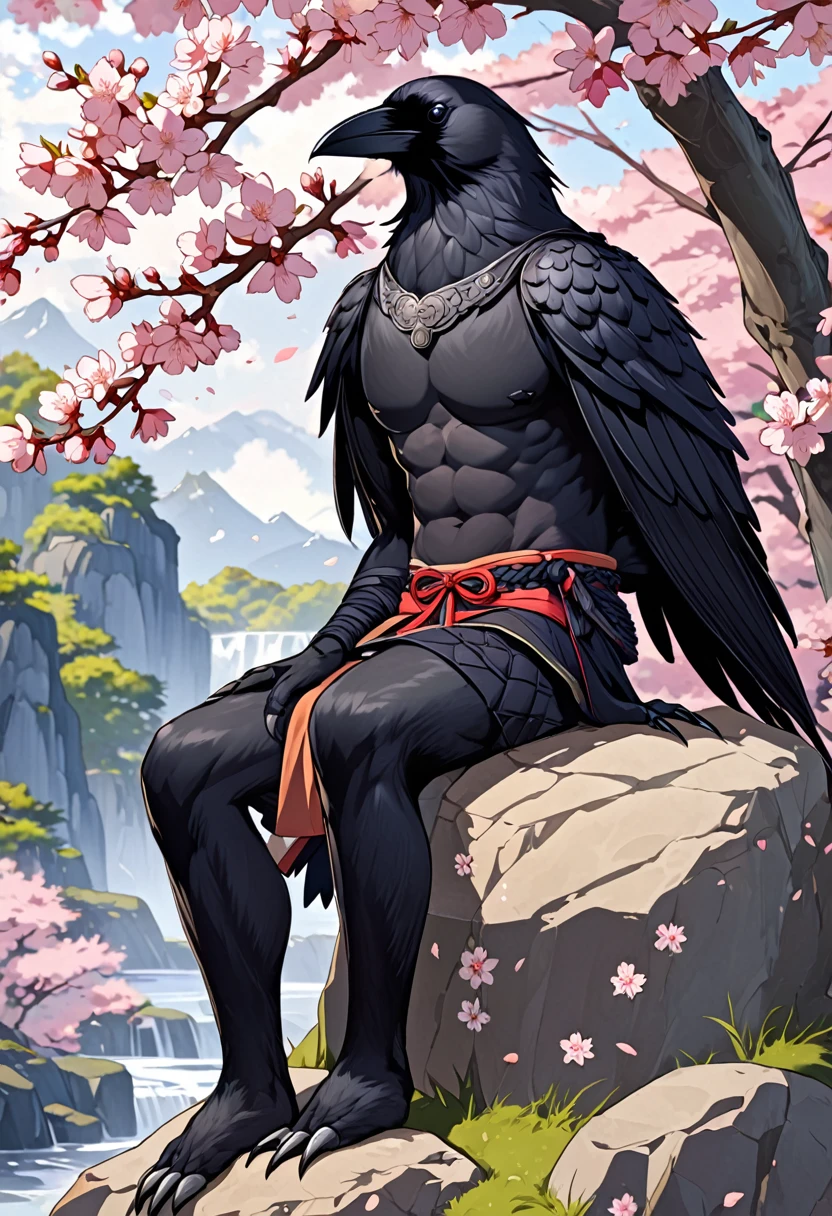 Male crow anthro, beautiful illustration, highly detailed, amazing art, stunning visuals, medieval Japan, sakura blossoms, sitting on a rock, strapping, abs