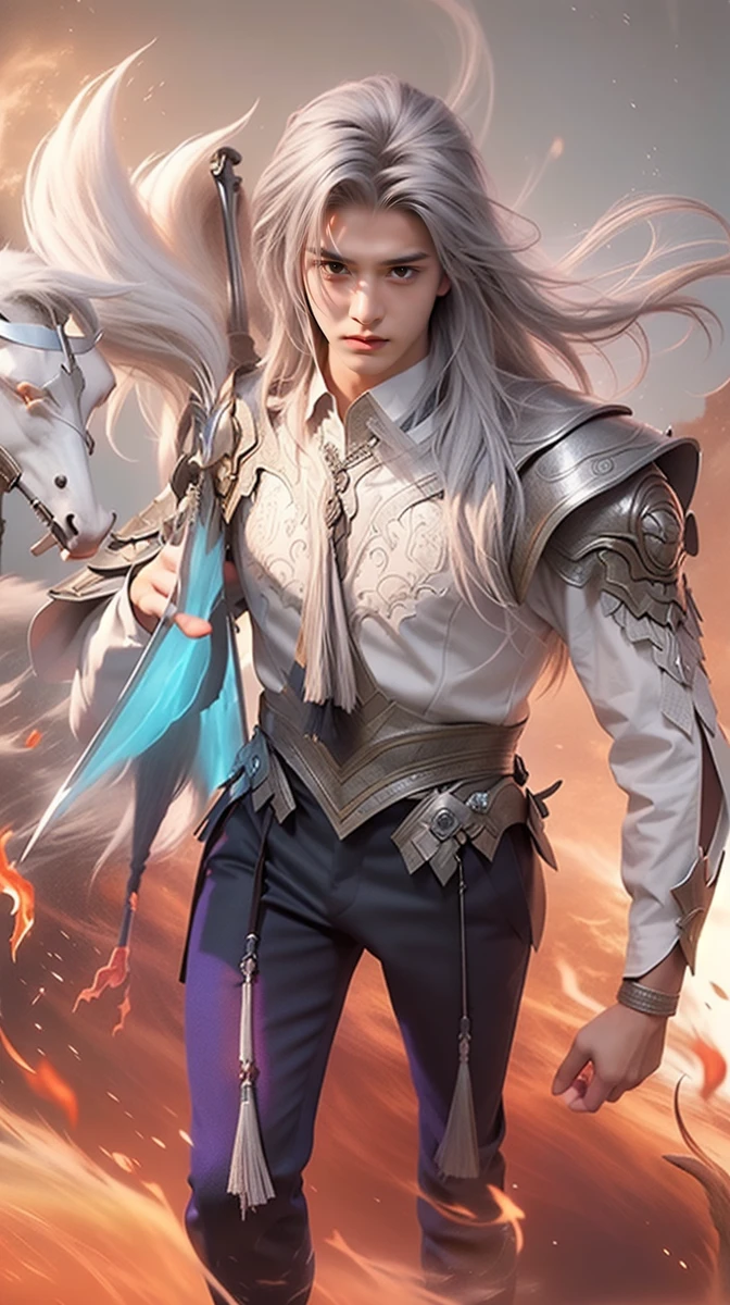 photorealistic,realistic,photography,masterpiece,best quality,ultra-detailed,extremely detailed CG unity 8k wallpaper,(1boy:1.1),silver hair,full body,the cage,smoke,flame,sword,holding a weapon,black theme,