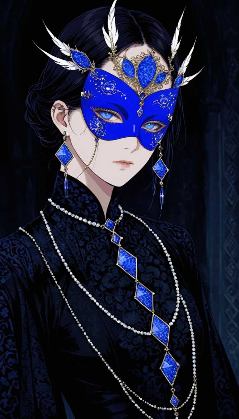 Harry Clark (Harry Clarke) style,圣地亚哥·卡鲁索style,(赵元基style:1.3), 1 Girl,Blue mask protein,