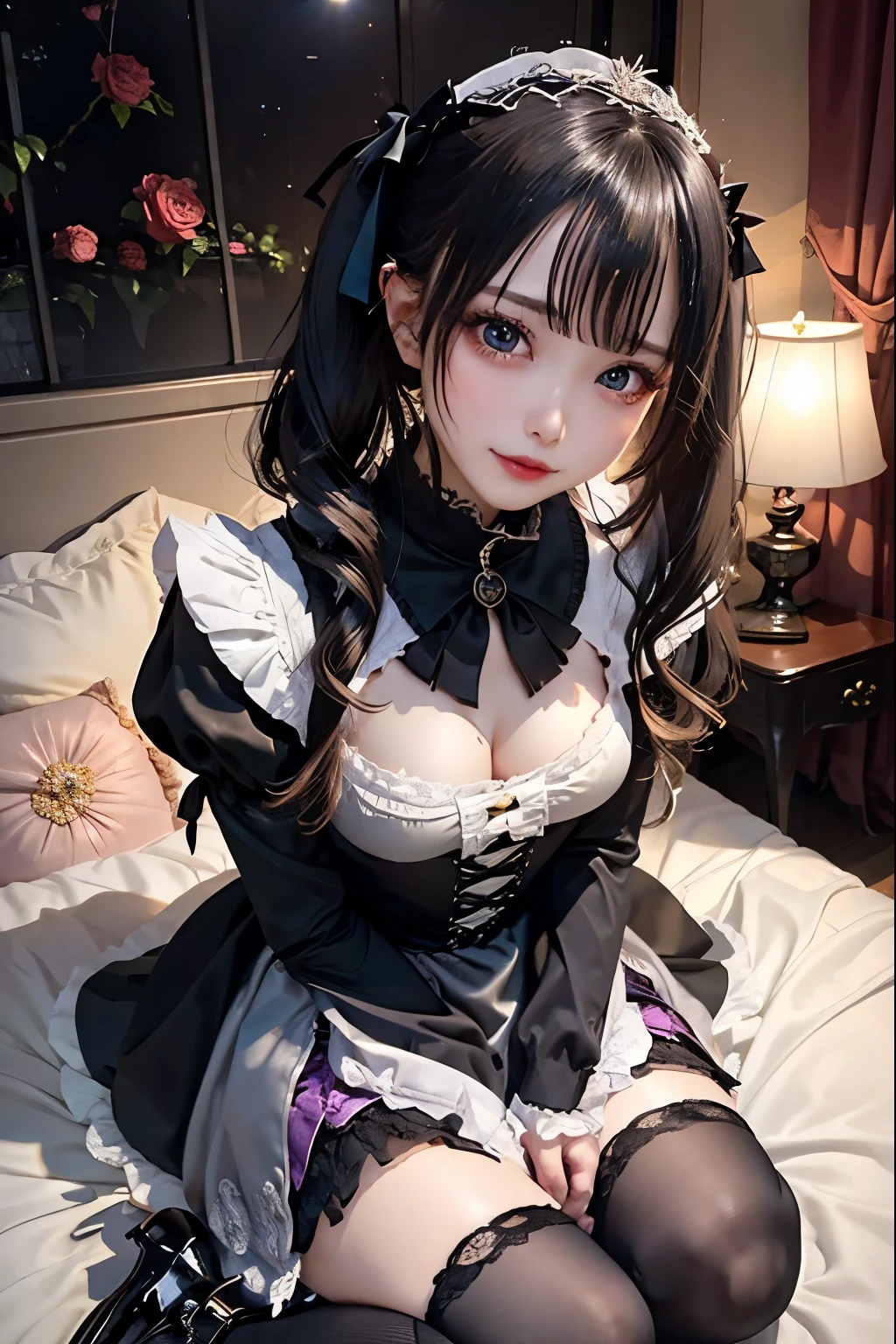 ハードなDark Gothicメイク、Black dark eyeshadow、sad、Good skin radiance、Dark Gothicメイク、Dark smile、palace、The beauty of fragrance、24-years-old、Expression of intense sexual pleasure、Embarrassed look、Dark Gothic、Highest quality、Expression of sexual pleasure without pain、Drunk face、Purple maid outfit、Mysterious、Noble、sexy、Loving smile、Twin tail hair、Right blue eye、Left eye is red、Super tempting pose、Platform Heel Shoes、Heavy makeup、Gothic Lolita clothes、Silver Hair、Long Hair Straight Hair、Cute Gothic Lolita Dress、Beautiful Face、elegant features、Attractive face、Stained glassを背景に、Chest glistening with sweat、The room is dark、goth long dress、Bell Sleeves、Wizard Sleeve、Decadent look、Sexually excited expression、Glossy thighs wet with water、Thighs that are wet and shiny with oil、Background of a room full of roses、sad表情、Rose Maiden、The embroidery is pink、The dress has pink embroidery.、Thigh-high socks、Knee-high socks、Gentle expression、Dark black eyeshadow、Stained glassとバラの背景、thighs are a little thin、Female Duo、Female couple、dark church background、Stained glass、Black metal world、Dark Castle、Dark Room、Slender body、gothic long dress、Victorian dress、Small breasts、Hold the wine in your right hand、Hold the lantern in your left hand、pantyhose、The bed is covered with roses、Her thighs are shining with sweat、My body is wet and shiny、Lots of glitter on the thighs、sweating、私の太ももはsweatingでベタベタしている、Sweat glistening on my thighs、The whole body is sweaty and shiny、I sweated a lot.、My thighs are sweaty、Wet thighy thighs are shining with sweat、A lot of sweat glistening all over the body、Slender body、Put your head on the pillow、Sleeping on a bed、Beautiful legs、Stretching legs、Lie down in bed、Lie on your back in bed、Thin legs、