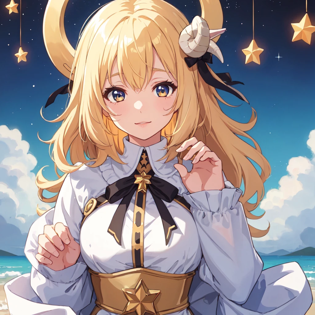 One girl, Close-up,Aries image,star,Blond in fluffy clothes, Shortcuts, Illustration, Ram's horn,Background monochrome red