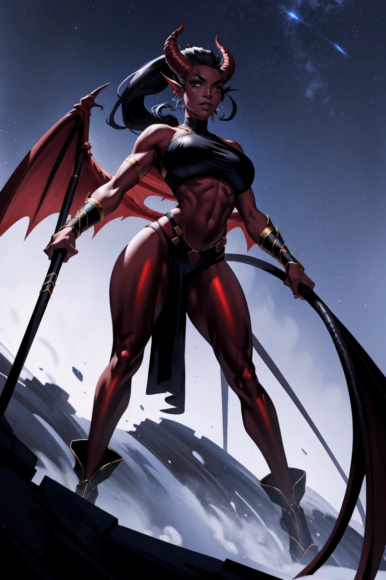 Red skin succubus tiefling, digitigrade legs, full breasts, medium breasts, black horns, wings, huge tail, black leather, crop top, long flowing pelvic curtain, tall, toned, graceful, thin, long black ponytail. Action scene, whip. Dark scene, explosions, night sky.