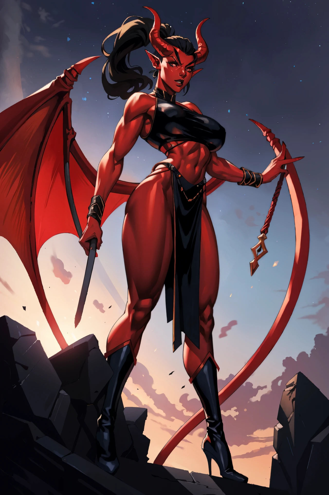 Red skin succubus tiefling, digitigrade legs, full breasts, huge breasts, black horns, wings, huge tail, black leather, crop top, long flowing pelvic curtain, tall, athletic, graceful, thin, long black ponytail. Action scene, whip. Dark scene, explosions, night sky.