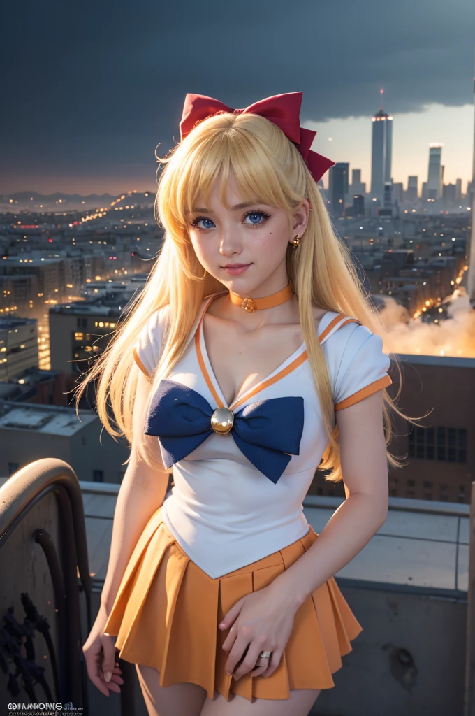 masterpiece, Highest quality, High resolution, Venus 1, One girl, alone, Sailor Warrior Uniform, Sailor Venus, aino minako, Blonde, Magical girl, blue eyes, Orange Skirt, Elbow hand pockets, tiara, Pleated skirt, Hair Ribbon, Orange sailor collar, mini skirt, choker, Red Bow, orange choker, White gloves, Very long hair,  jewelry,  Earrings, Cowboy Shot, smile,,More detailed 8K.Unreal Engine:1.4,超High resolution,La Highest quality:1.4, Realistic:1.4, Skin Texture:1.4, masterpiece:1.8,first work, Highest quality,Object Object], (Detailed facial features:1.3),(Fine hand:1.4),(Apocalyptic destroyed cityscape:1.4)