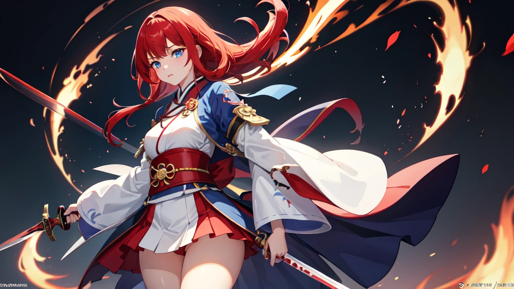 1 girl, Japanese clothing, hypdertailed ,Red hair, holding a magic sword ,red and blue eyes, magic circle, fire blue, Blue flames, wall-paper, paisaje, bloodstains, bloodstains splatter, Depth of field, natta, light particles, lightrays, side lighting, thicc thighs, Destiny \(Series\), impacto genshin, ****, open jacket, overskirt, thicc thighs, nube