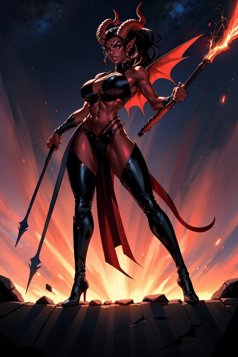 Red skin succubus tiefling, digitigrade legs, ((full breasts, huge breasts)), black horns, wings, huge tail, black leather, crop top, long flowing pelvic curtain, tall, athletic, graceful, thin, long black ponytail. Action scene, whip. Dark scene, explosions, night sky.
