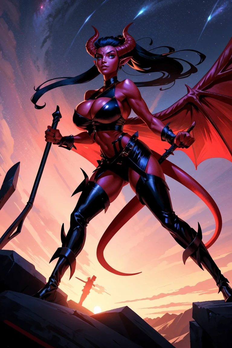 Red skin succubus tiefling, digitigrade legs, ((full breasts, huge breasts)), black horns, wings, huge tail, black leather, crop top, long flowing pelvic curtain, tall, athletic, graceful, thin, long black ponytail. Action scene, whip. Dark scene, explosions, night sky.