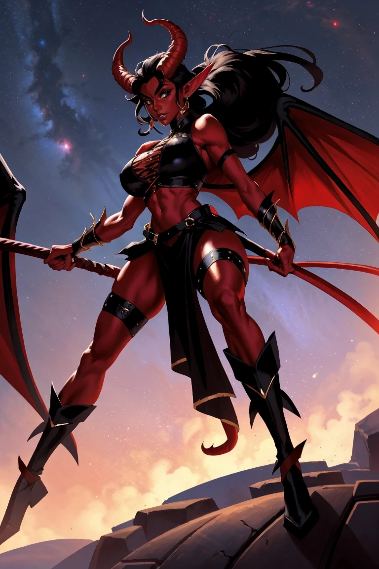 Red skin succubus tiefling, digitigrade legs, ((full breasts, huge breasts)), black horns, wings, huge tail, black leather, crop top, long flowing pelvic curtain, tall, athletic, graceful, thin, long black ponytail. Action scene, whip. Dark scene, explosions, night sky.