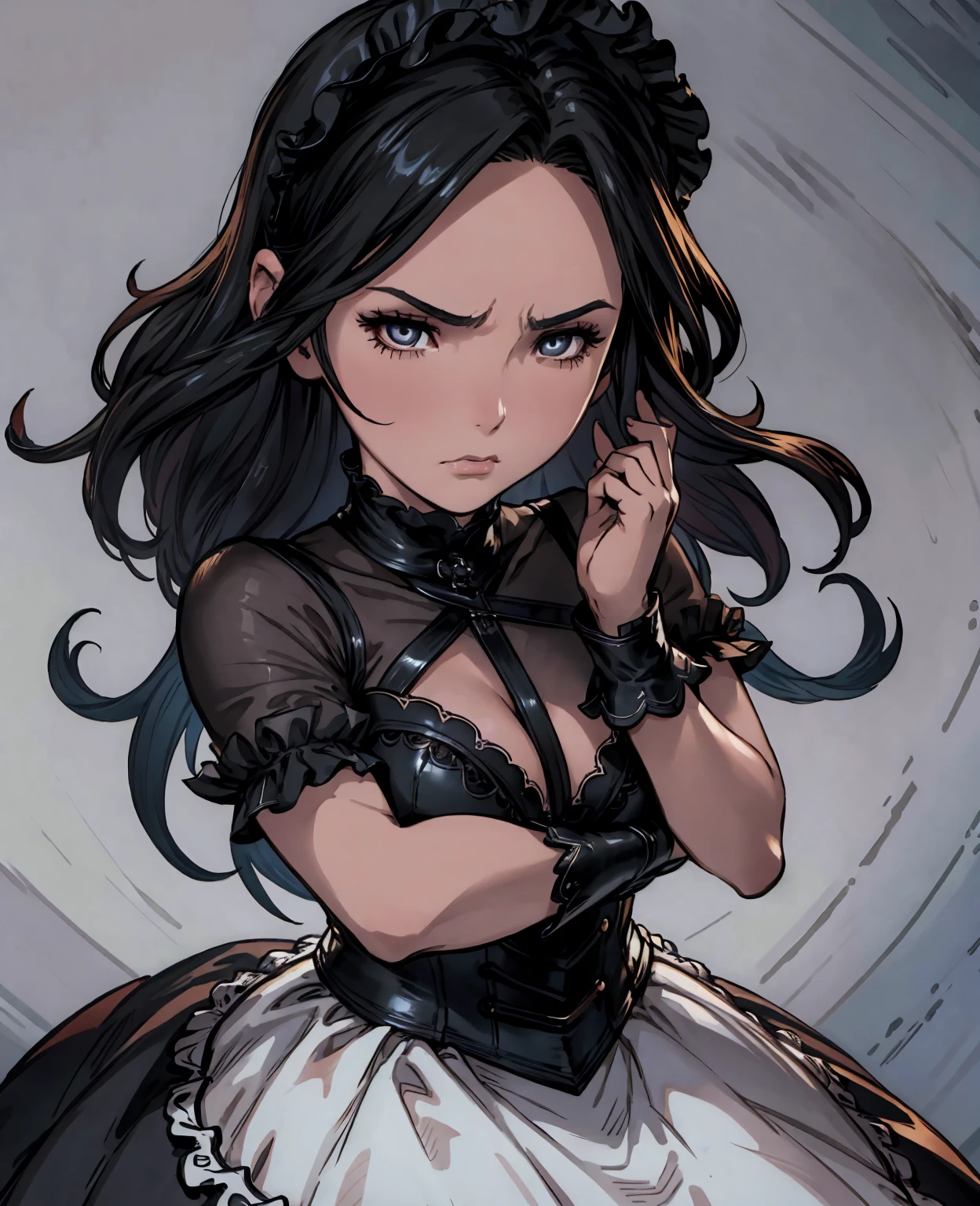 1girl, long black hair, fair skin, beautiful dark eyes, doll-like face, concerned expression, maid outfit, medium shot, highly detailed, photorealistic, 8k, ultra-detailed, realistic lighting, cinematic, dramatic, chiaroscuro lighting, moody atmosphere, muted color palette