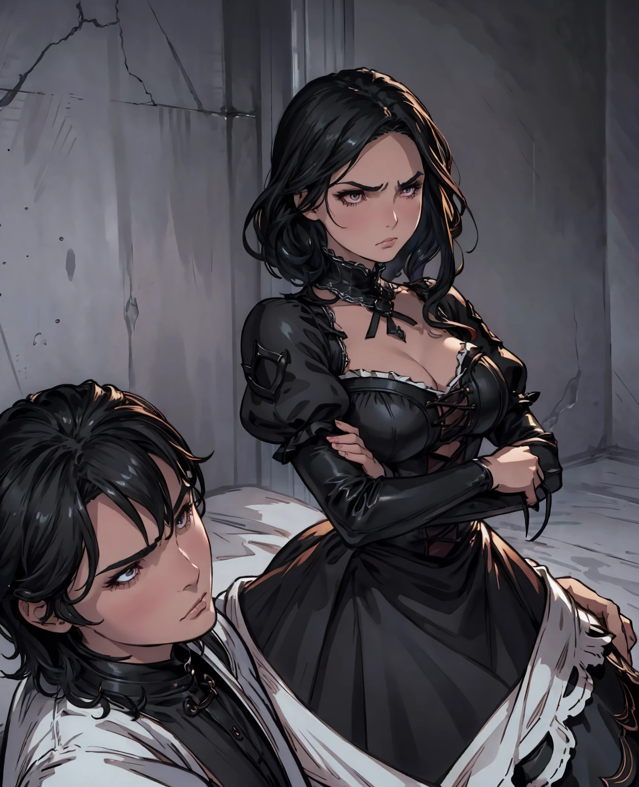 1girl, long black hair, fair skin, beautiful dark eyes, doll-like face, concerned expression, maid outfit, medium shot, highly detailed, photorealistic, 8k, ultra-detailed, realistic lighting, cinematic, dramatic, chiaroscuro lighting, moody atmosphere, muted color palette