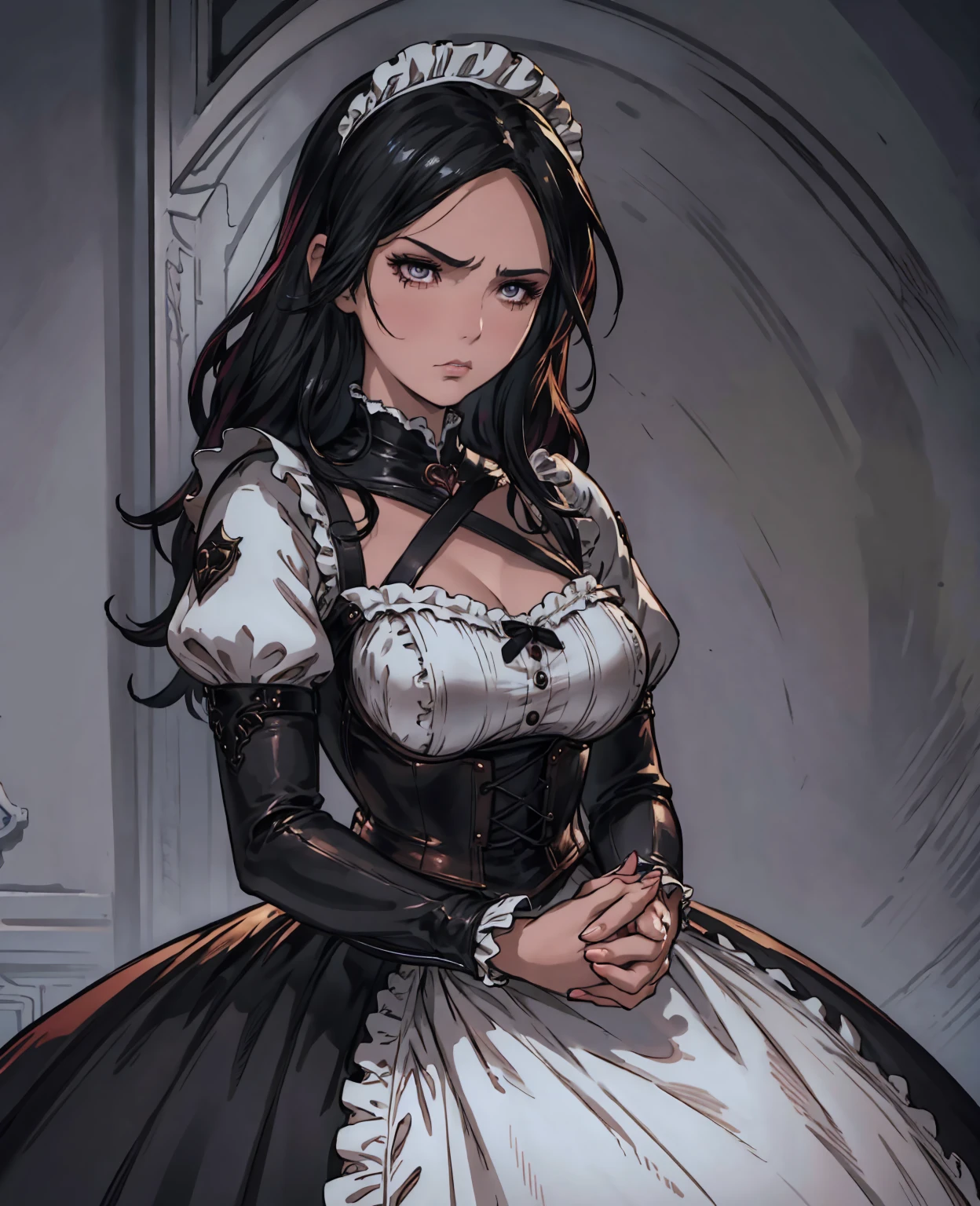 1girl, long black hair, fair skin, beautiful dark eyes, doll-like face, concerned expression, maid outfit, medium shot, highly detailed, photorealistic, 8k, ultra-detailed, realistic lighting, cinematic, dramatic, chiaroscuro lighting, moody atmosphere, muted color palette