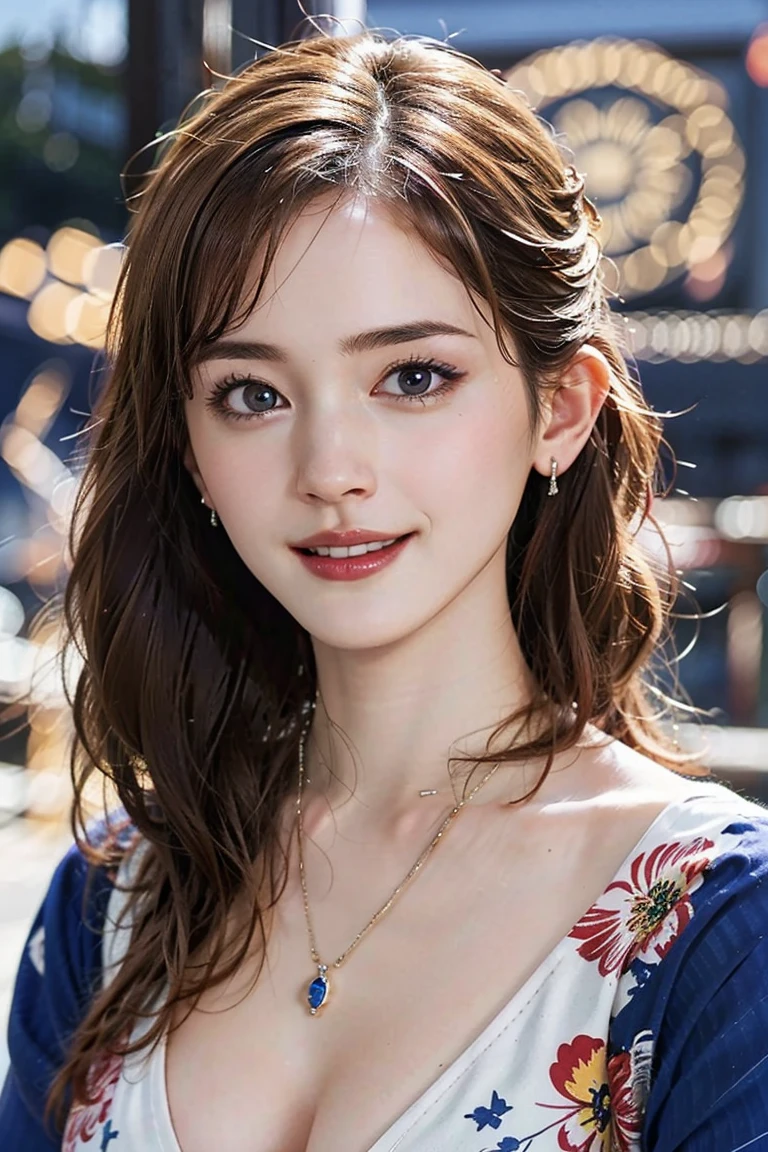 (Preserve face images), pale face:1.3、Super thin face:1.3, (very big eyes:1.5)、 (blown eyes:1.5), master piece、8k, {highest quality}, {{masterpiece}}, {very delicate and beautiful}, outstanding light and shadow, highly detailed wallpaper, clear and bright sunlight, (((Full body))), 1 girl, blush、(薄い茶Farbeの髪), ((Face illuminated by fireworks)), (((yukata)Farbe々A pose:1.5, necklace、ring、earrings,(Toothless smile:1,5),  