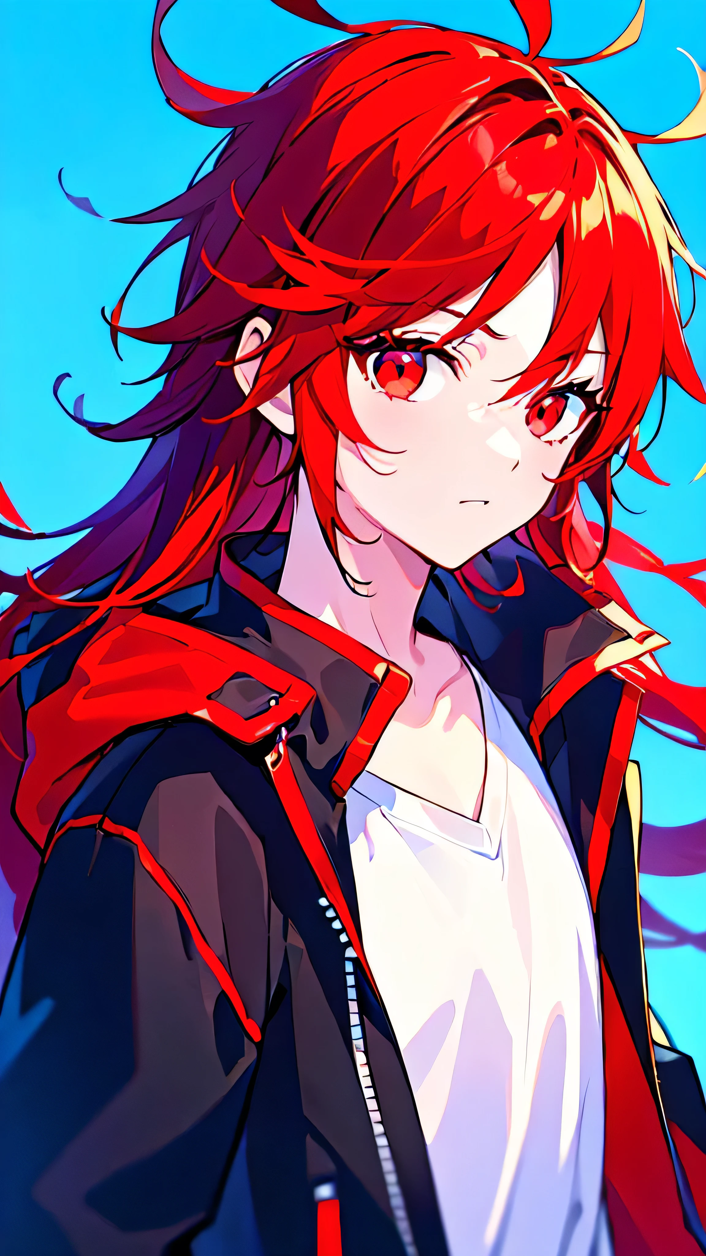 [(BLUE BACKGROUND:1.5),::5], ((((masterpiece)))), high quality, ultra very high resolution, full color, (((solo))), (( boy)), ((Red hair)), (Black streaked hair), (oriental Red eyes), anime, ((upper body)), Summer clothes, neon light, black parka, 