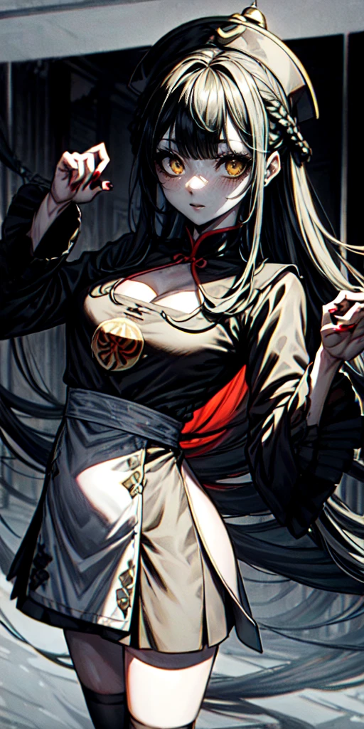 lora:flat:-1.2, masterpiece, best quality, 4k, 8k, 1 woman, solo, pale skin, tall stature, long hair, blunt bangs, side braid, black hair, ugly face, bad face, bad eyes, droopy eyes, unclear eyes, ruby red eyes, lemon yellow eyes, pale skin, black eyeliner, black eye shadow, heterochromia, slender frame, frightened, ofuda, jiangshi costume:1.2, sheath long skirt, China dress, fang, horror, coffin, forest, dark night, stormy weather, fog, from front, cowboy shot, look at viewer, paw pose,