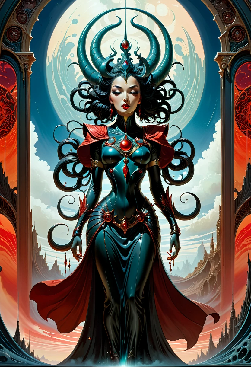 Slayer of Apep, Kiss Of Death, Elara, Legacy of the Red Sun, cosmic horror, artstation by Peter Mohrbacher and Alphonse Mucha, oil slick, intricate detail, matte painting, unreal engine, --ar 9:16