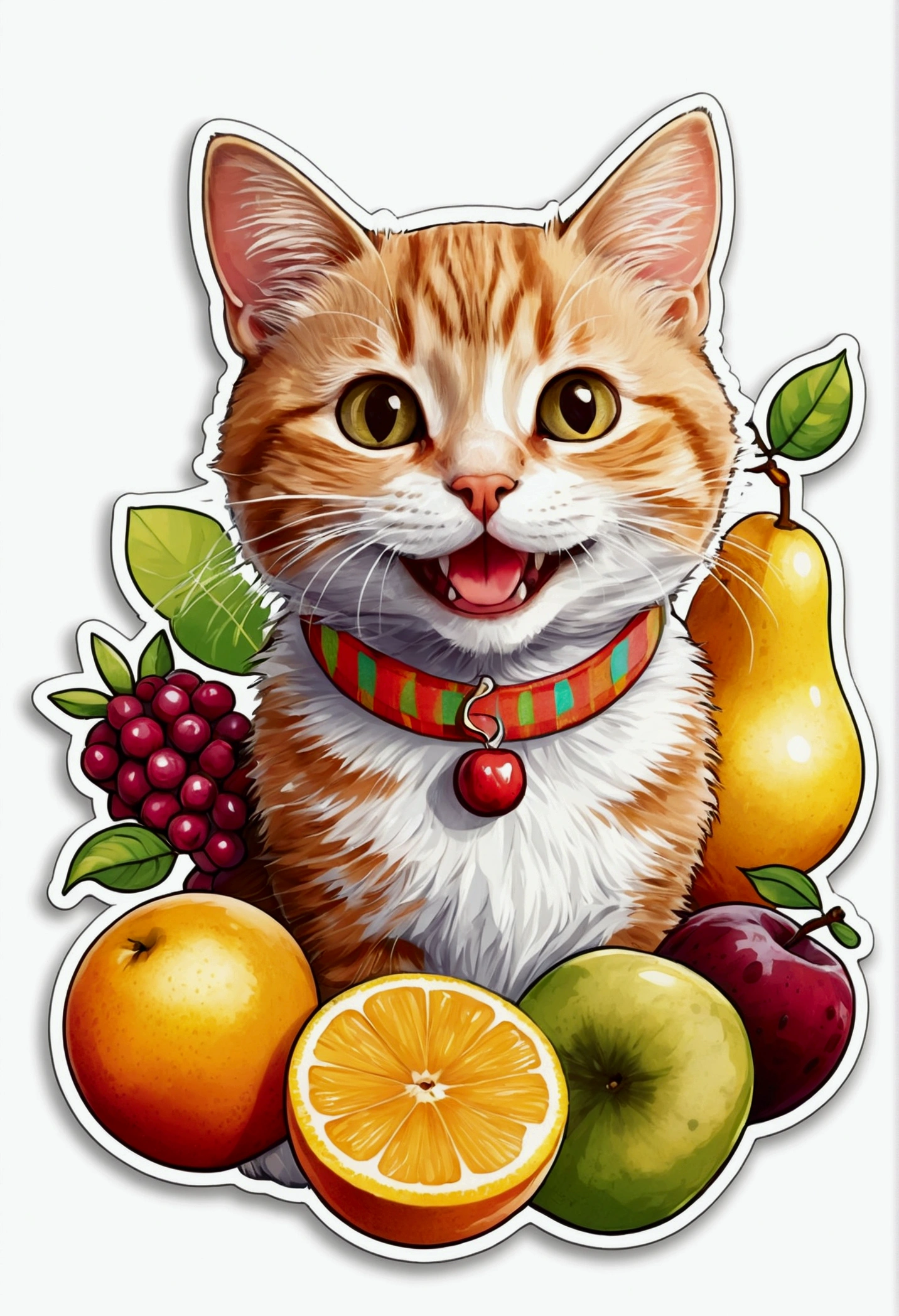 sticker on white background, downtown, illustration of a little smiling cat, fruits