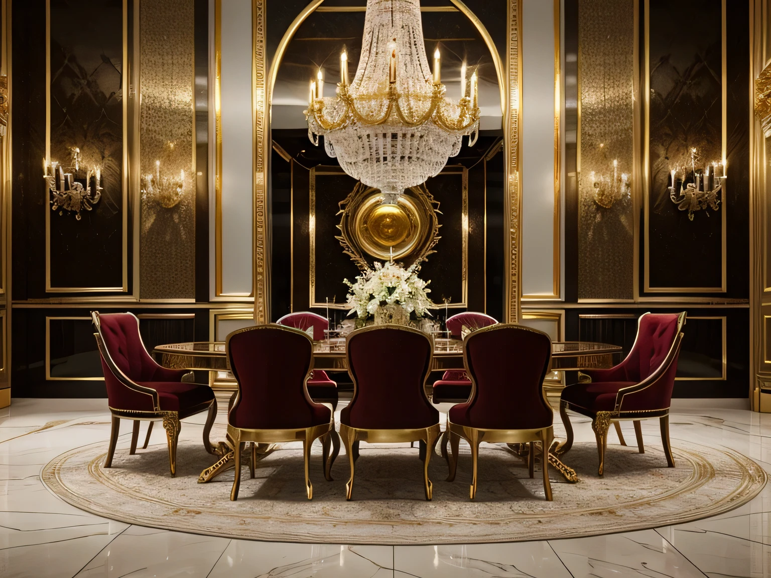 A luxurious dining room, opulent background with rich textures and colors, gold or silver accents, and a sense of exclusivity, fitting for high-end luxury products.