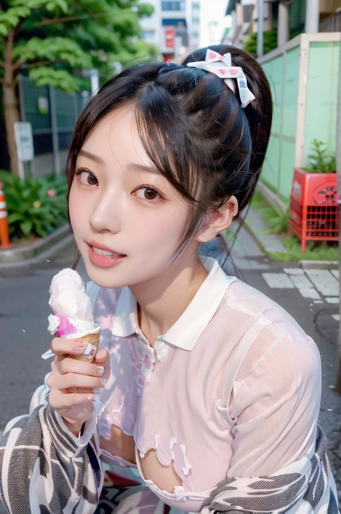 Japanese cute girl licking ice cream, ponytail hair, thick lips, in the street, Double teeth are visible, , She smiles mysteriously as if enjoying the embarrassment, very young girl, (((huge breasts))), (((realistic))), (((High resolution))), (((anatomically correct)))