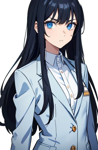 detailed, standing, from front, cowboy shot, looking at viewer, one girl, neutral, Black hair, long hair, straight hair, Blue eyes, fair skin, , slender, teenager, high school girl, , jacket/blazer, delicate facial features, white background