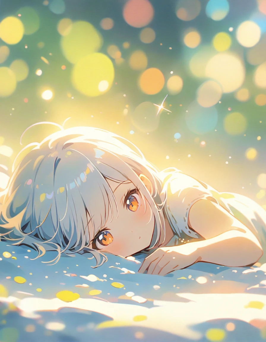 atmospheric perspective, depth of field, cinematic lighting, sparkle, f/2.8, 135mm, UHD, retina, high details, high quality, highres, best quality, 4K、snow、Silver Hair、１People Girls、Please depict the image as white and pale overall.,((Snow Fairy)),((lie down on the snow))