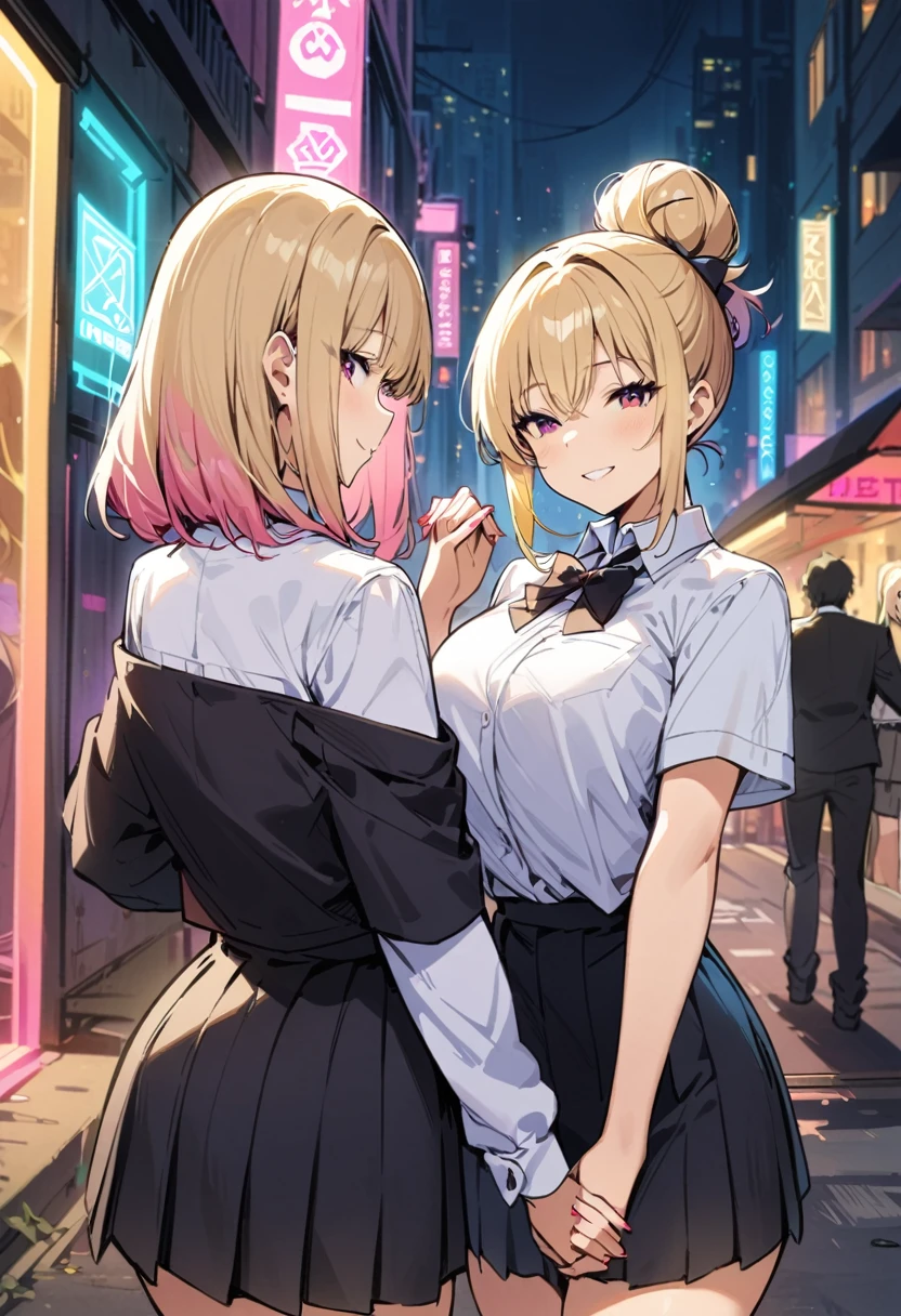 Cyberpunk City, street, night, Neon Light, Neon Signs, masterpiece, Highest quality, High resolution, JK,Huge ,Two Girls,One boy,a boy's back, black bow,black bowtie,Blonde,bow,bowtie,chest,Hair Bun,Hand in hand,Intertwined fingers,Long Hair,View your viewers,Multiple Girls,Pink Hair,pleated skirt,Tucked in shirt,short hair,skirt,smile,Tent shirt
