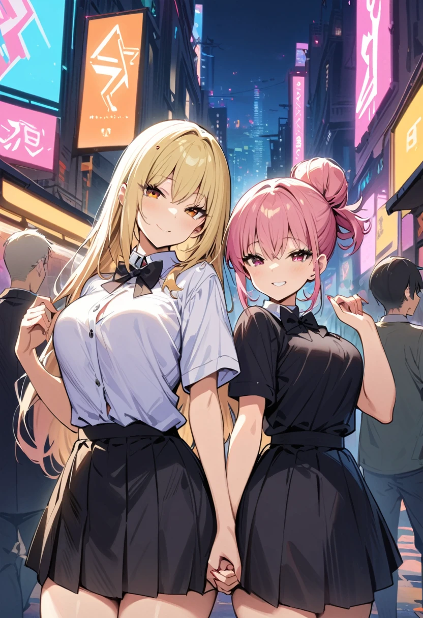 Cyberpunk City, street, night, Neon Light, Neon Signs, masterpiece, Highest quality, High resolution, JK,Huge ,Two Girls,One boy,a boy's back, black bow,black bowtie,Blonde,bow,bowtie,chest,Hair Bun,Hand in hand,Intertwined fingers,Long Hair,View your viewers,Multiple Girls,Pink Hair,pleated skirt,Tucked in shirt,short hair,skirt,smile,Tent shirt