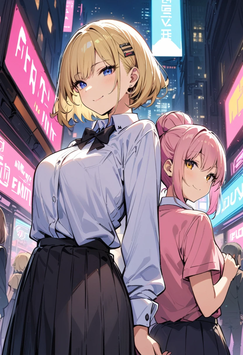 Cyberpunk City, street, night, Neon Light, Neon Signs, masterpiece, Highest quality, High resolution, ＪＫ,Huge ,Two Girls,One boy,a boy's back, black bow,black bowtie,Blonde,bow,bowtie,chest,Hair Bun,Hand in hand,Intertwined fingers,Long Hair,View your viewers,Multiple Girls,Pink Hair,pleated skirt,Tucked in shirt,short hair,skirt,smile,Tent shirt