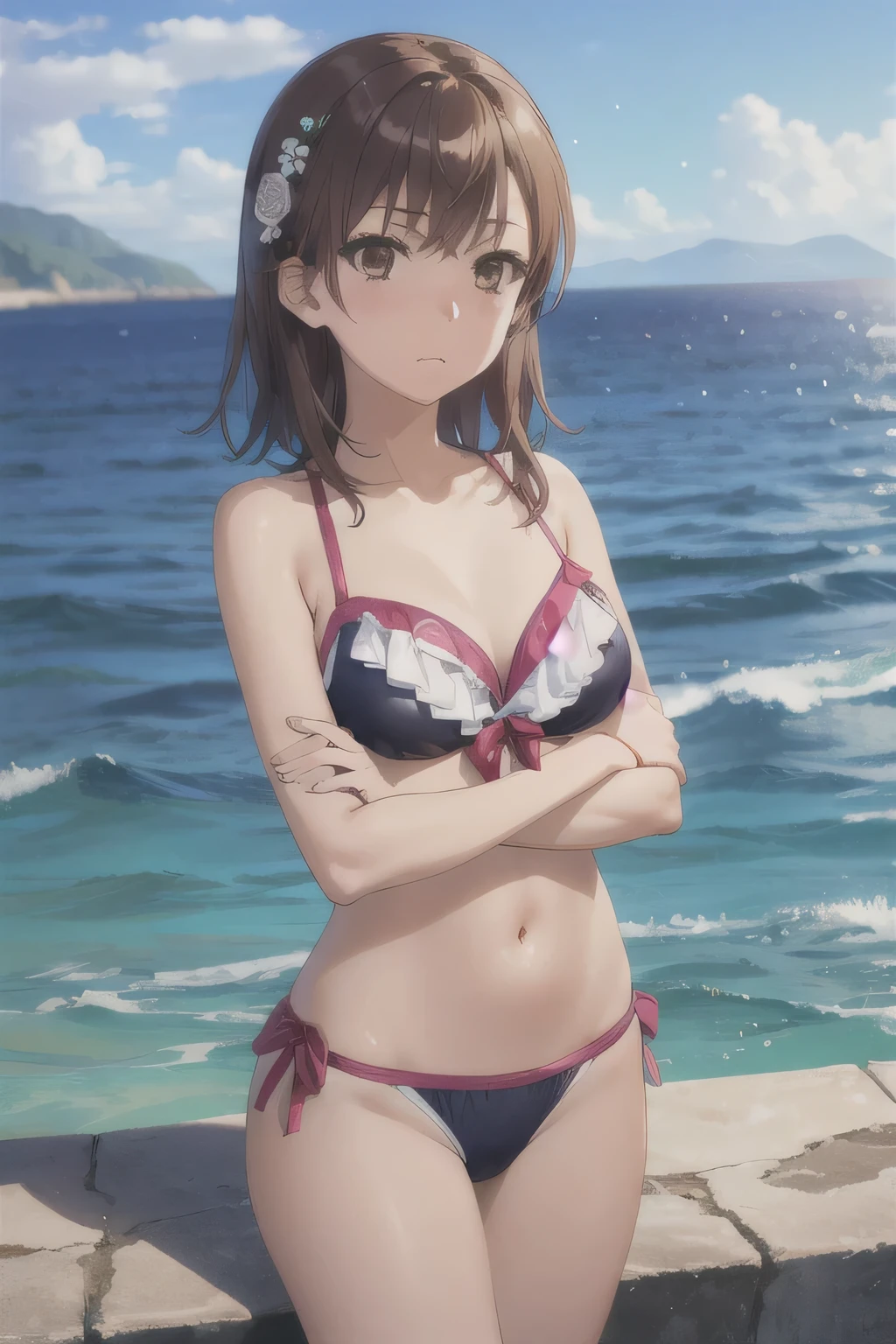 (((Pixel Perfect, Perfect in every detail))), alone, One girl, Mikoto rose., tokiwadai , bow, View your viewers, Arms crossed, Mouth closed, whole body,Swimwear,Ahegao,Sea background