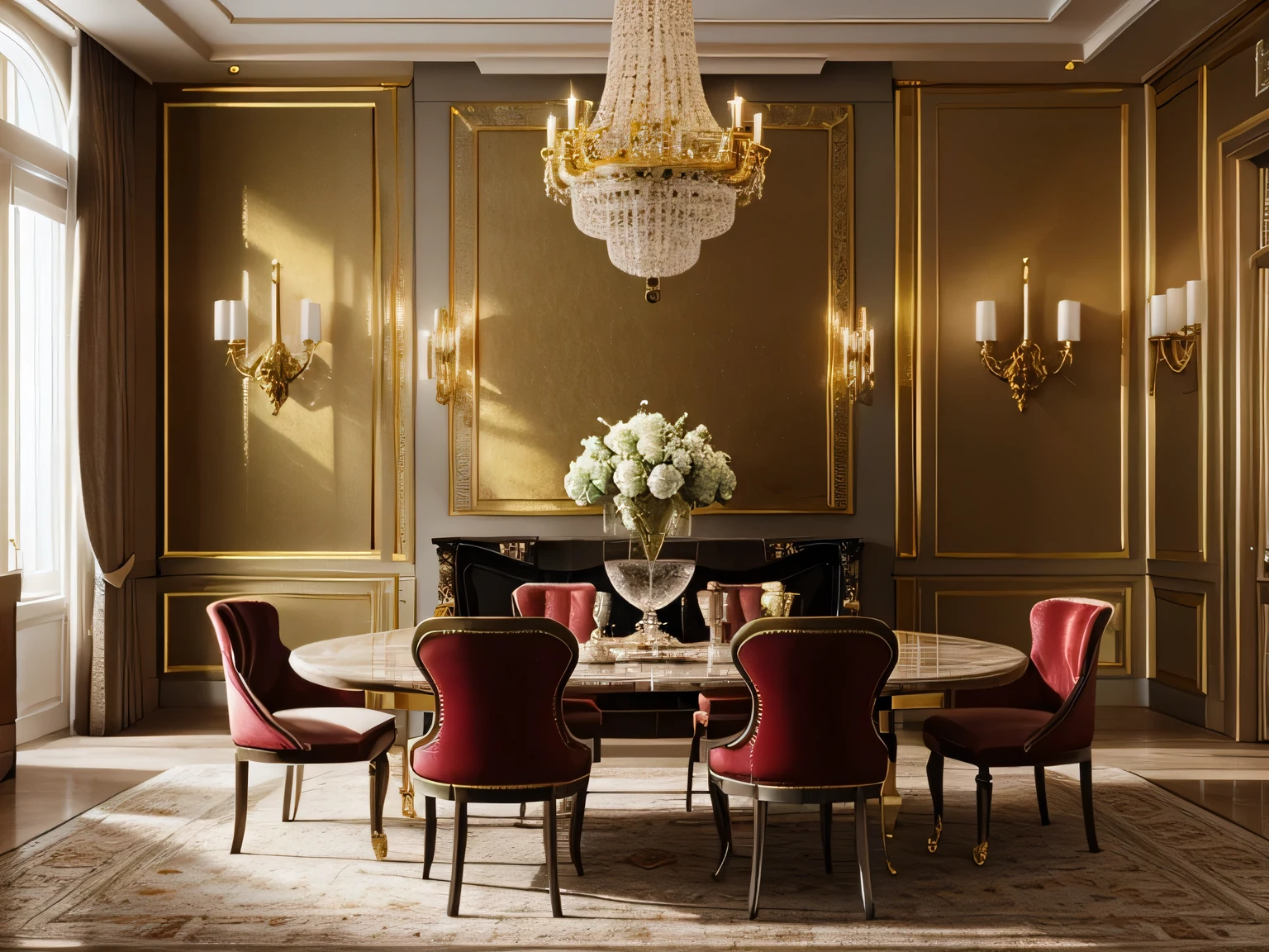 A luxurious dining room, opulent background with rich textures and colors, gold or silver accents, and a sense of exclusivity, fitting for high-end luxury products.