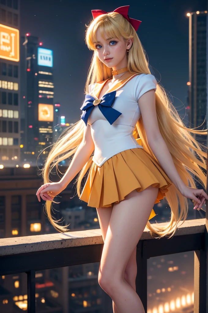 Serena Tsukino de Sailor Moon, semidesnuda, iconic white and blue sailor moon costume, tiene su iconico cetro lunar en la mano,very sexy small clothes,joven, cuerpo muy delgado, super skynny body, small and beautiful buttocks, abdomen tonificado, puedo ver sus senos hermosos y perfectos,piernas hermosas, manos perfectas, intelligent, poder resplandeciente, obscena, poderosa, sensual, In the background is the Tokyo Tower of Japan, se observa la luna grande en el fondo,mirada sensual, ojos hermosos,cabello muy largo, classic long pigtails hairstyle,Hair dyed in bright blonde color, Best quality,8K,A high resolution,Masterpiece,Ultra detailed,Realistic, Photorealistic,photo realistic