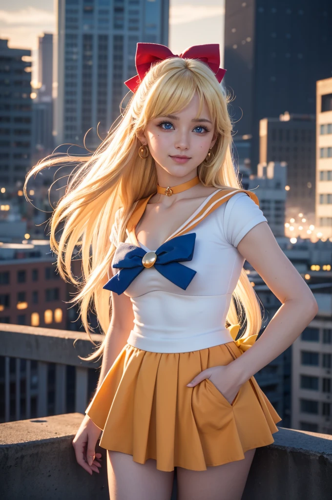 masterpiece, Highest quality, High resolution, Venus 1, One girl, alone, Sailor Warrior Uniform, Sailor Venus, aino minako, Blonde, Magical girl, blue eyes, Orange Skirt, Elbow hand pockets, tiara, Pleated skirt, Hair Ribbon, Orange sailor collar, mini skirt, choker, Red Bow, orange choker, White gloves, Very long hair,  jewelry,  Earrings, Cowboy Shot, smile,,More detailed 8K.Unreal Engine:1.4,超High resolution,La Highest quality:1.4, Realistic:1.4, Skin Texture:1.4, masterpiece:1.8,first work, Highest quality,Object Object], (Detailed facial features:1.3),(Fine hand:1.4),(Apocalyptic destroyed cityscape:1.4)