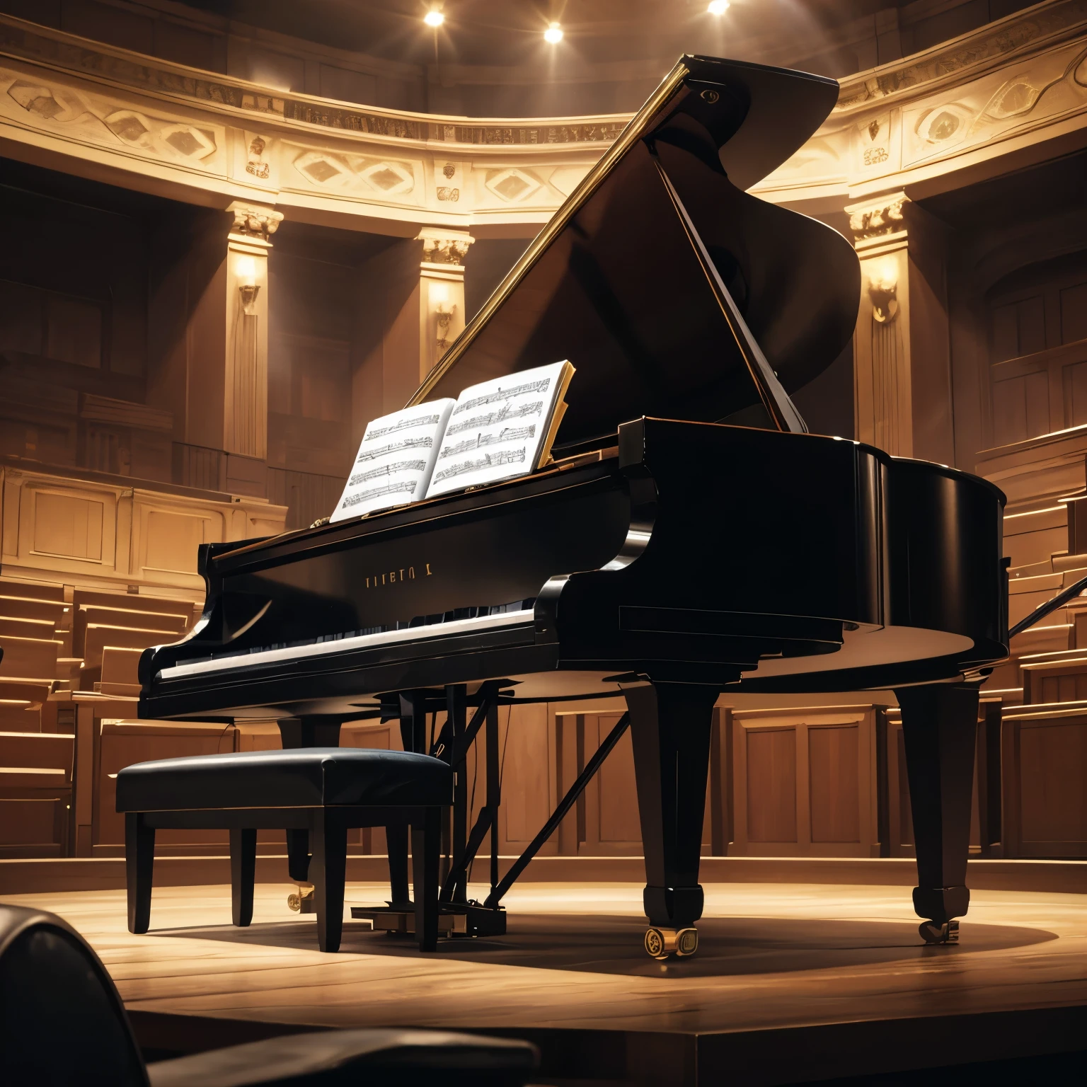  (best quality,8k,highres, masterpiece:1.2), ultra-detailed, HDR, UHD, studio lighting, ultra-fine painting, sharp focus, physically-based rendering, extreme detail description, professional, vivid colors, concept artists, warm color palette, dramatic lighting,On the stage of the concert hall, the orchestra, the grand piano in the center, a large audience in the audience, the main competition