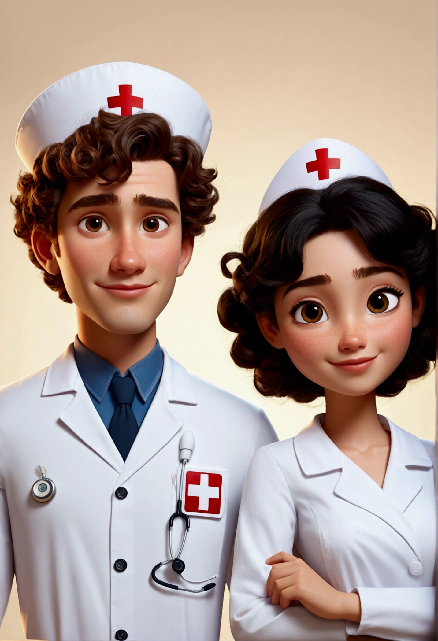 A Disney Pixar style couple, high quality, female nurse with light brown hair (curly black hair boy)