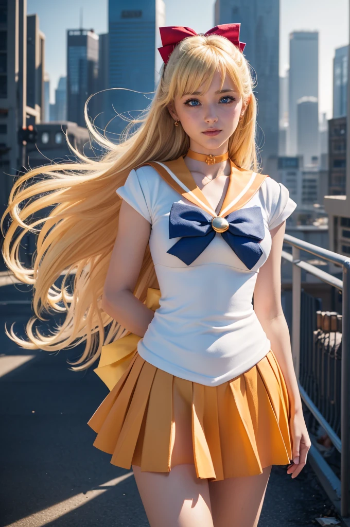 masterpiece, Highest quality, High resolution, Venus 1, One girl, alone, Sailor Warrior Uniform, Sailor Venus, aino minako, Blonde, Magical girl, blue eyes, Orange Skirt, Elbow hand pockets, tiara, Pleated skirt, Hair Ribbon, Orange sailor collar, mini skirt, choker, Red Bow, orange choker, White gloves, Very long hair, jewelry, Earrings, Cowboy Shot, smile,,More detailed 8K.Unreal Engine:1.4,超High resolution,La Highest quality:1.4, Realistic:1.4, Skin Texture:1.4, masterpiece:1.8,first work, Highest quality,Object Object], (Detailed facial features:1.3),(Fine hand:1.4),(Apocalyptic destroyed cityscape:1.4)
