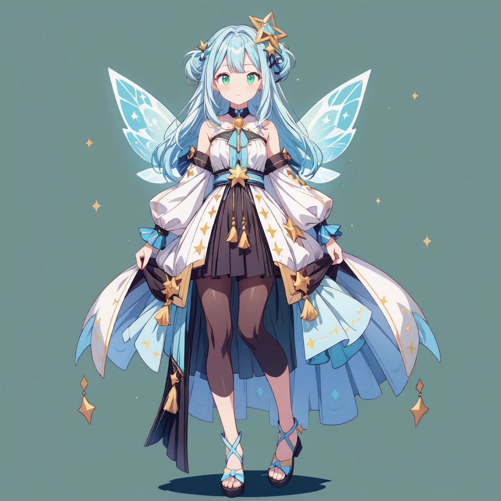 1girginal cute hairstyle、Star Fairy、Star incarnation、Character design front view、A picture facing the viewer、(((Super detailed、Highest quality、Masterpiece)))、Original cute hairstyle、Milky white and blue hair color、Simple Green Background、vtuber-fullbody,K, 