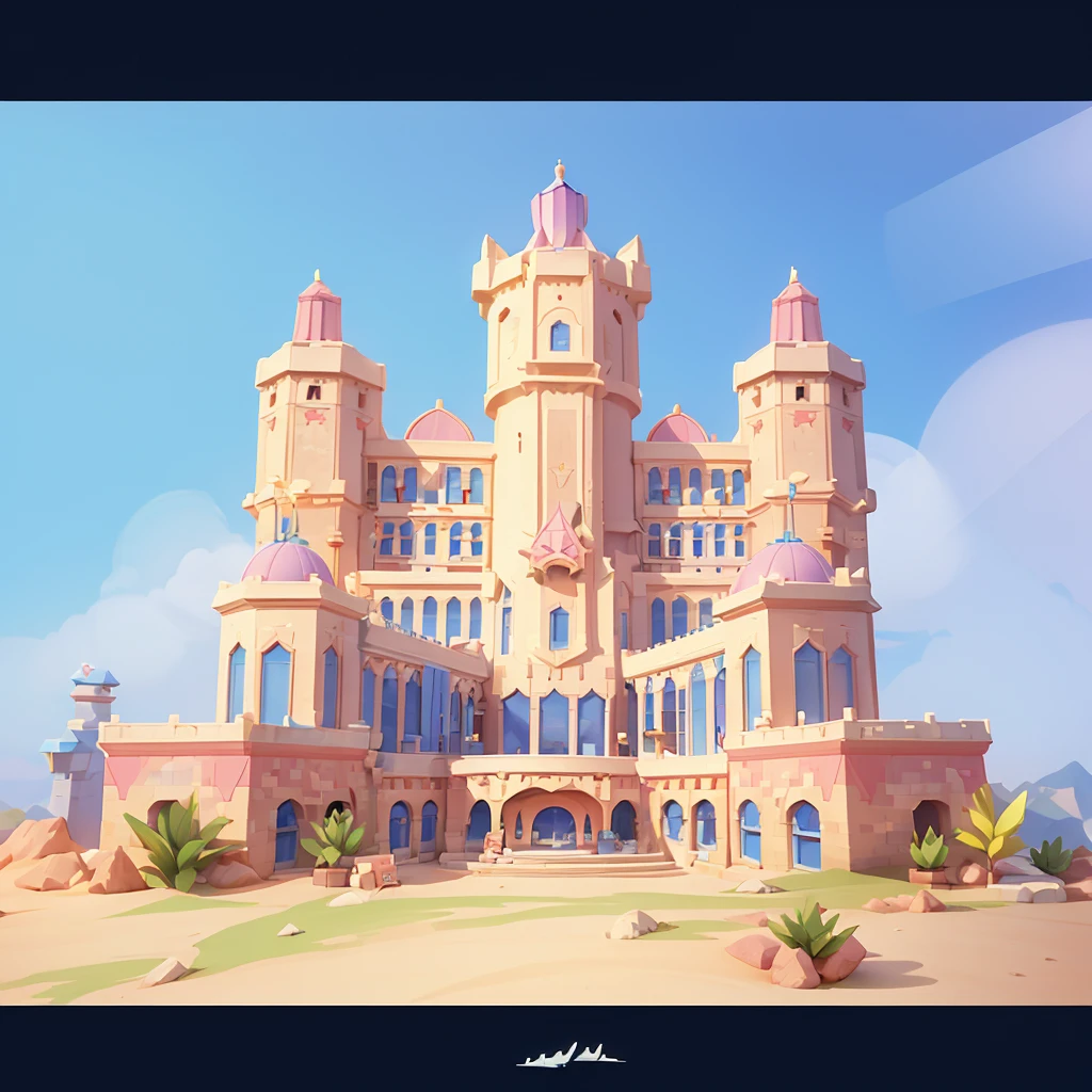 Bright,Warm colors，Cartoon城堡，Front perspective，Front view angle，C4D Architecture，Red Cliff， Castle Cinema Building，Lovely exterior decoration，   Simple game design style，  C4D color rendering model，Top Light，Clean lines，Bright，nice lighting，high tone lighting， Cartoon场景风格，3d 游戏图形，pixelated games，Beautiful original game design，Total control over details，渲染 3d 风格，3d Pixar动画风格，Best quality，chibi,The west，Extremely detailed CG Unity 8K，dramatic，Intricate details，Pixelate graphics，3d,模型 3d 场景，Cartoon，Pixar：