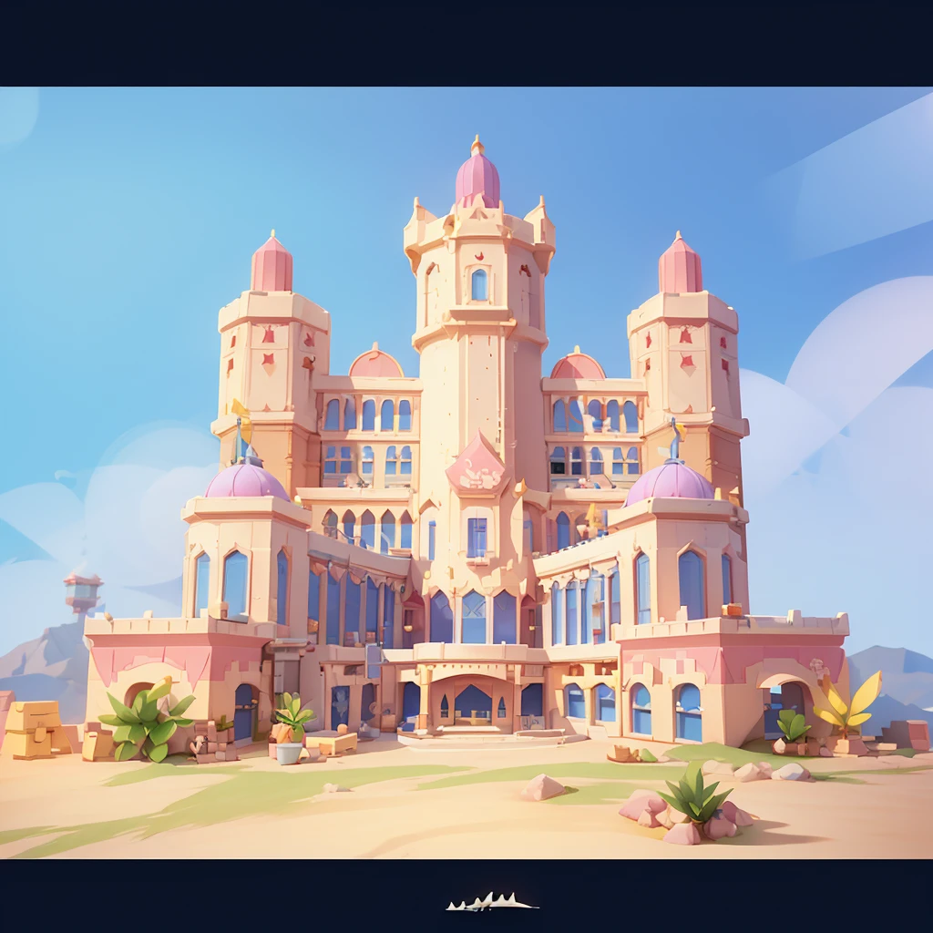 Bright,Warm colors，Cartoon城堡，Front perspective，Front view angle，C4D Architecture，Red Cliff， Castle Cinema Building，Lovely exterior decoration，   Simple game design style，  C4D color rendering model，Top Light，Clean lines，Bright，nice lighting，high tone lighting， Cartoon场景风格，3d 游戏图形，pixelated games，Beautiful original game design，Total control over details，渲染 3d 风格，3d Pixar动画风格，Best quality，chibi,The west，Extremely detailed CG Unity 8K，dramatic，Intricate details，Pixelate graphics，3d,模型 3d 场景，Cartoon，Pixar：