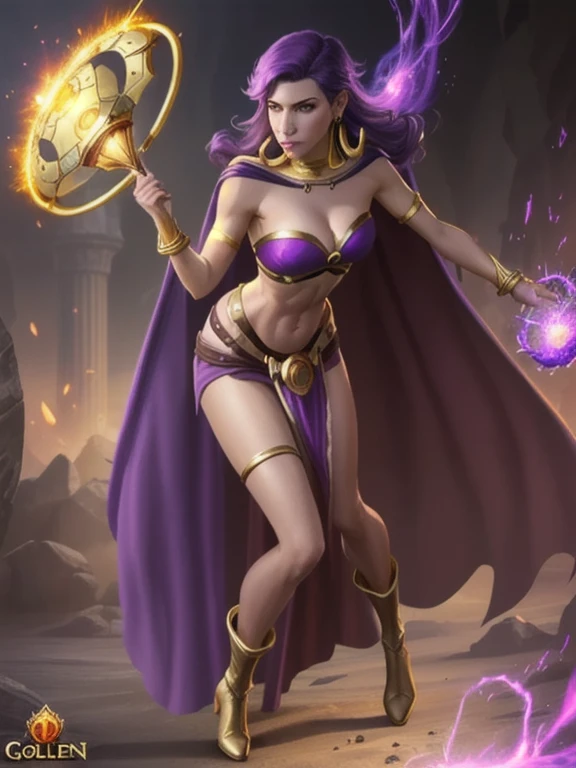 League of Legends character, Sorceress, 28 years old, dark skin, dark skinned female, long purple hair, purple eyes, purple lips, purple eyeliner, covered in tattoos, medium breasts, both hands glowing bright purple, purple magic, bright purple sparks in both hands, (Wearing: golden hooped earrings, purple strapless top, loincloth, purple cape, golden armlets, golden boots:1.2). Whole body, Casual pose, Beautiful pose, (Extremely detailed CG 8k wallpaper), (Extremely delicate and beautiful), (Masterpiece), (Best quality: 1.0), (Ultra-high resolution: 1.0), Beautiful lighting, Perfect lighting, Realistic shadows, [high resolution], Detailed skin, Super detailed (((Colorful))), Digital art, League of Legends concept art, full body concept art, Expert concept art with high detail, concept-art, rpg game concept art, concept-art, Vonka Xu style, Video game concept art, 4K, full body portrait