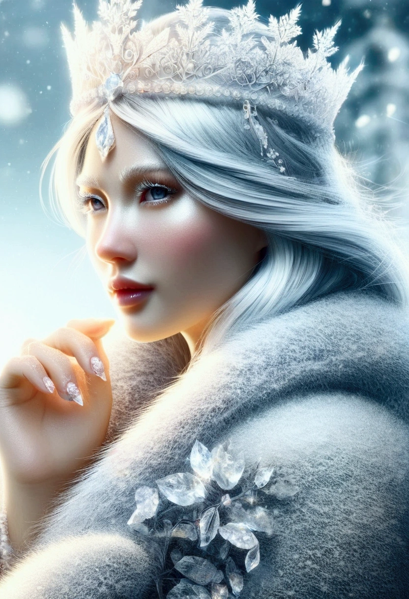 frosted style, closely photo of a fierce and beautiful snow queen, blue and white hair, frosted lips, wearing a frozen glass fur coat, frosty eyelashes, Beautiful and detailed high quality tiara, realistic eyes, closely, bokeh, 4K, HDR