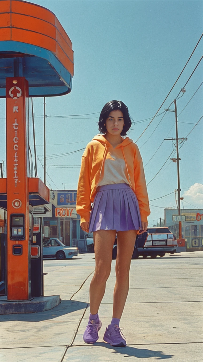 ((medium shot cimematic portrait)) one of cute 23 yo girl, natural medium breast,wear ((orange oversized_hoodie)), wear ((purple tennis skirt)),looking front,Best Quality,Masterpiece,Ultra High Resolution,(Realisticity:1.4),Original Photo, 1Girl, light leak,ultra high resolution,UHD,beautiful, (black straight hair), almond eye, no makeup, in front of ((80's colorful gas station)), (realistic:1.2), (very detailed:1.1), ((masterpiece)),summer, blue sky, palm trees,sunny, los angles vibes,film camera, 800mm lens,style of Philip Lorca diCorcia