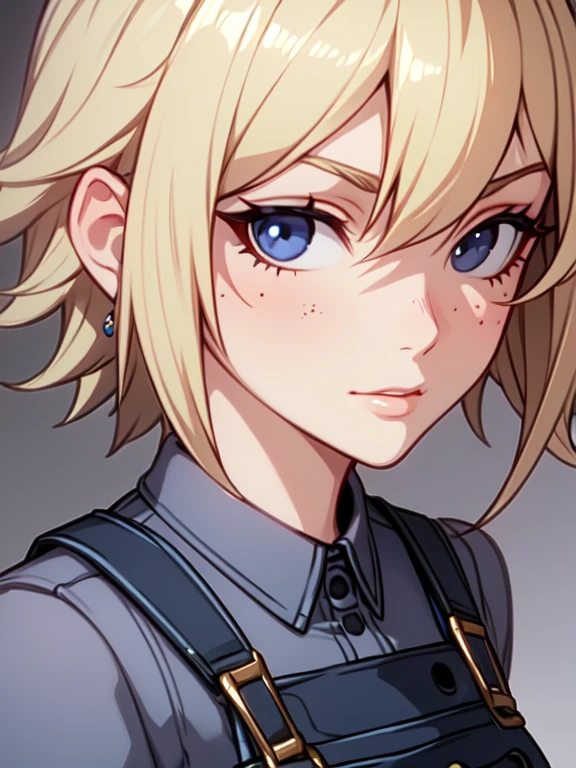 Detailed face and skin texture, beautiful woman, blonde medium hair, overalls