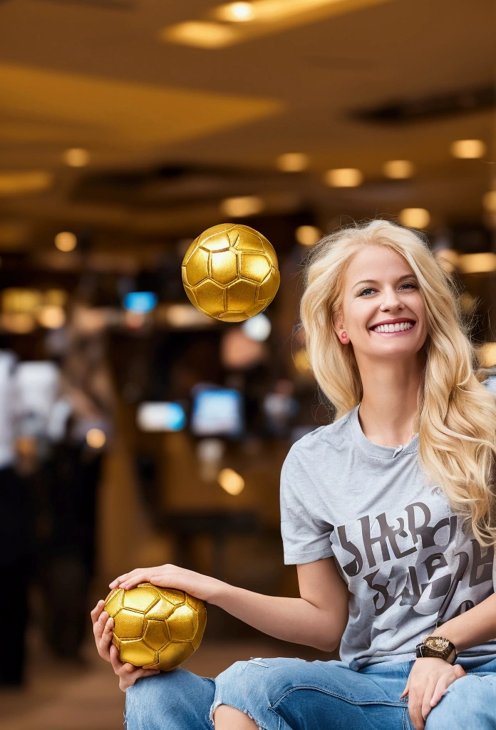 
Street photography of a blonde-haired woman, smile, be happy, PR shirt, holding a golden soccer ball,sitting in casino