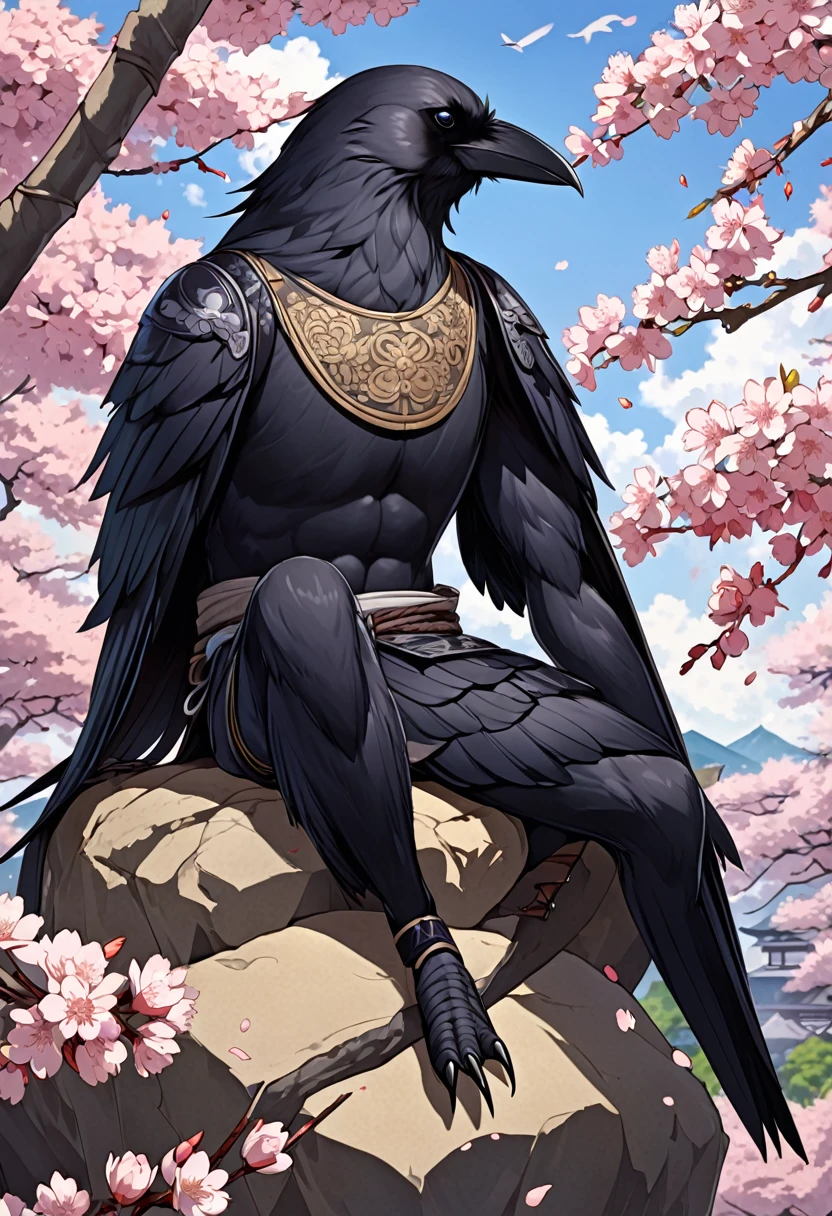 Male crow anthro, beautiful illustration, highly detailed, amazing art, stunning visuals, medieval Japan, sakura blossoms, sitting on a rock, strapping, abs