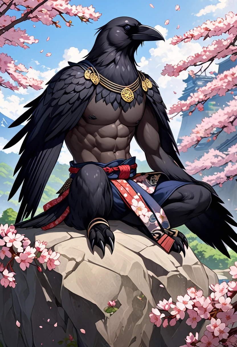 Male crow anthro, beautiful illustration, highly detailed, amazing art, stunning visuals, medieval Japan, sakura blossoms, sitting on a rock, strapping, abs