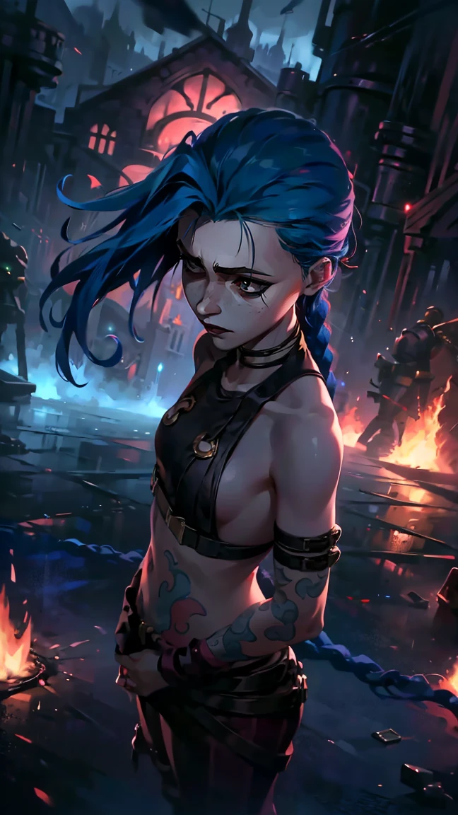 (masterpiece, Best quality), 1 girl, portrait very detailed face, very sexy, bare chest, Volume , full length (full body 1.1.), crazy look, smile, crying, pink tears, tears on the cheeks, tears from eyes, очень feminine, fighting stance, battle, fire, explosions, burning city, beautiful waist, gloomy composition, flame, fire, Flash, very beautiful, feminine, long hair, hair braided in long braids, very sexy, tight leather pants, emphasis on the eyes, emphasis on the face, Beautiful face, hands, Косаed ponytail, red purple eyes, Джинкс crying, Blue cloud tattoo, (masterpiece, Best quality), Side lighting, beautiful detailed eyes, crazy face), (Best quality), (masterpiece), magic photography, Spectacular lighting, photorealism, ultra detailed, intimate portrait composition, 1. 4,8 K UHD, aesthetic, Cd., a high resolution, 8 K, Better lighting, Best shade, Ultra-HD, a high resolution, Sharp Focus, complex background, cinematic lighting, ((Landscape view)), 4K block, (Better lighting), ((cinematic lighting)),