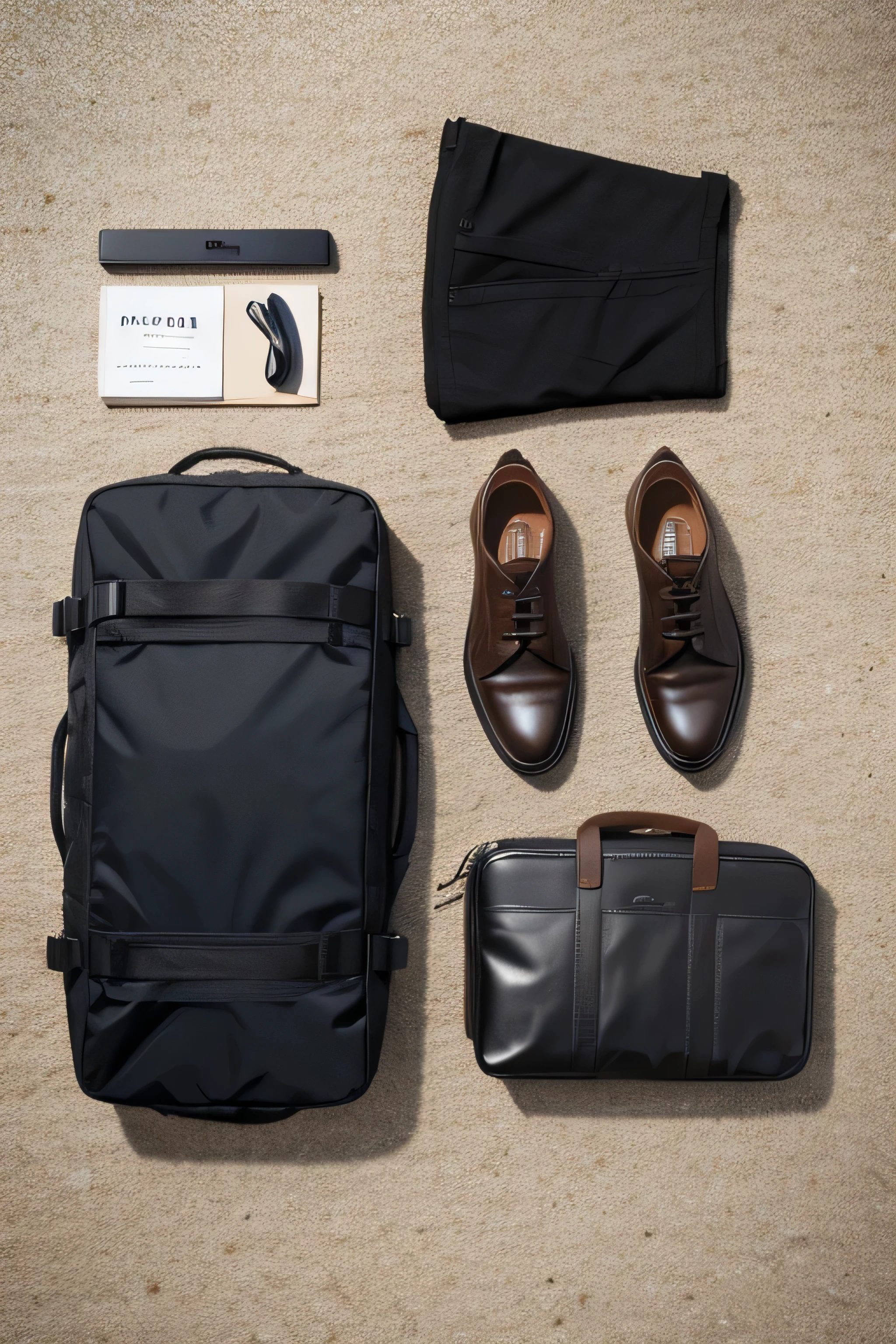 men's travel essentials flat lay with no human model in top view and in 8k resolution and super sharp images