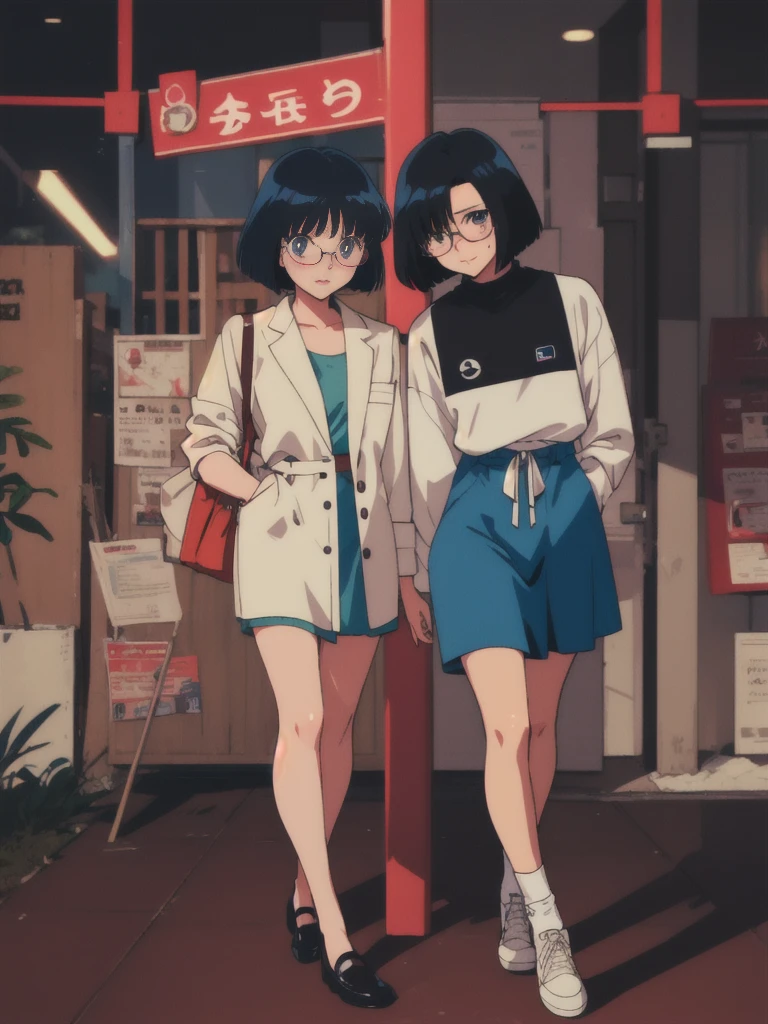 bob cut, black hair, rimless eyewear, mole under eye, solid circle eyes, (full body), 2girl, Embarrassed, (80s anime), sharp